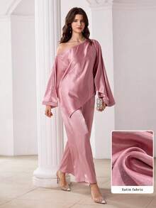 Seusyu Women's Satin Asymmetric-Shoulder Soft Pink Loose Top And Wide-Leg Pants 2 Pieces Set - Pink - View 3