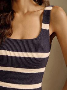 Briarwyn Women's Navy And White Square Neck Casual French Coastal Knit Tank Top Vacation Summer Brunch - Royal Blue - View 8