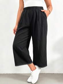SHEIN Essnce 大尺碼女款拼色休閒日常長褲 - 黑色 - 查看 6
