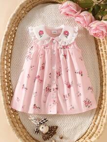 SHEIN Infant Girls'Cute Summer Light Pink Rose Embroidered Lace Collar Sleeveless A-Line Dress Soft Fabric Infant Dress For Party Cruise Photography 0-12M - Pink - View 2