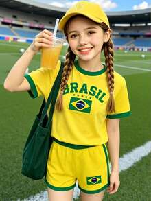 青少年女孩創意個性化巴西五角星黃綠條紋黃色底側雙綠條字母標語圖案休閒風基本款短T恤與短褲套裝日常穿搭套裝 - 彩色 - 查看 3