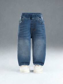 Jeans de mezclilla para bebé niño con cintura elástica, pierna recta, azul lavado, desgastado, versátil - Azul lavado medio - View 4