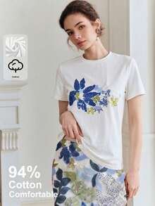 Anewsta 94%纯棉优雅女士T恤，简约通勤休闲短袖圆领刺绣亮片黑色T恤 - 藍白色 - 查看 5