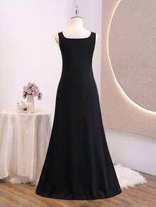 Vestido formal negro para adolescentes, vestido ajustado con tirantes finos y cuello cuadrado, tela ligera y suave, adecuado para vacaciones, graduación, regreso a la escuela, temporada de bodas, eventos formales y fiestas - Negro - Ver 2