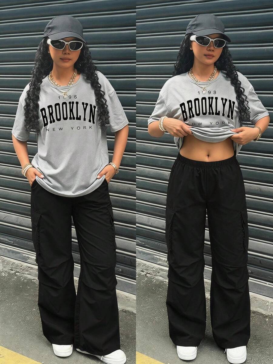 SHEIN 2件/組 青少年女孩字母印花短袖T恤與工裝褲，休閒套裝 - 黑色 - 查看 1