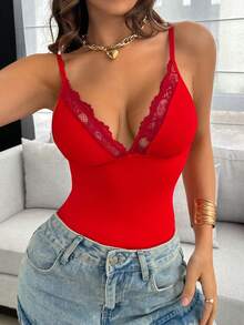 SHEIN 蕾絲飾邊女款連身塑身衣 - 紅色 - 查看 3