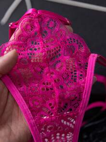 SHEIN 2件套橙色钢圈蕾丝文胸套装，清新青春 - 玫紅色 - 查看 5