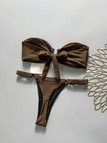 Swim Chiccia Bộ đồ bơi bikini 2 mảnh không dây màu trơn trang trí kim loại cho nữ mùa xuân, trang phục đi biển mùa hè tối giản - màu nâu - Xem 7