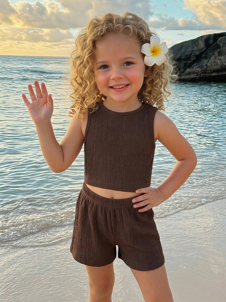SHEIN Bộ 2 món áo ba lỗ dệt kim cổ tròn kẻ sọc và quần short phong cách thường ngày cho bé gái - màu nâu - Xem 1