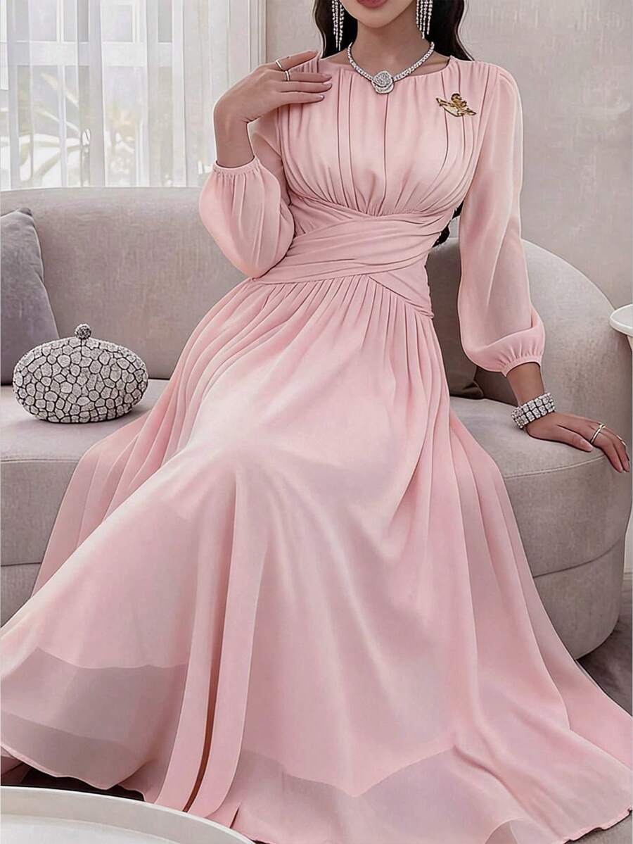 Feyla 女士优雅褶皱腰身灯笼袖中长连衣裙 - 淺粉色 - 查看 1