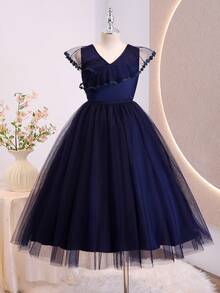 Vestido elegante para niñas preadolescentes para fiesta de regreso a la escuela con cuello en V, sin mangas, mangas con volantes, tul y encaje - Azul Marino - Ver 6