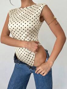 Firerie 女款優雅浪漫時尚通勤性感圓點印花露背連身衣，適合派對、度假 - 杏色 - 查看 7