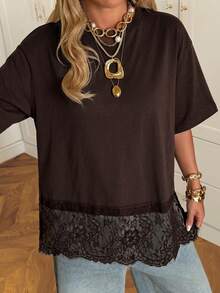SHEIN EZwear 巧克力棕色蕾丝拼接针织女式T恤 - 巧克力棕 - 查看 5