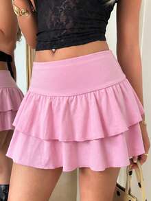 SHEIN EZwear 粉色针织高弹力百褶裙 - 粉色 - 查看 7