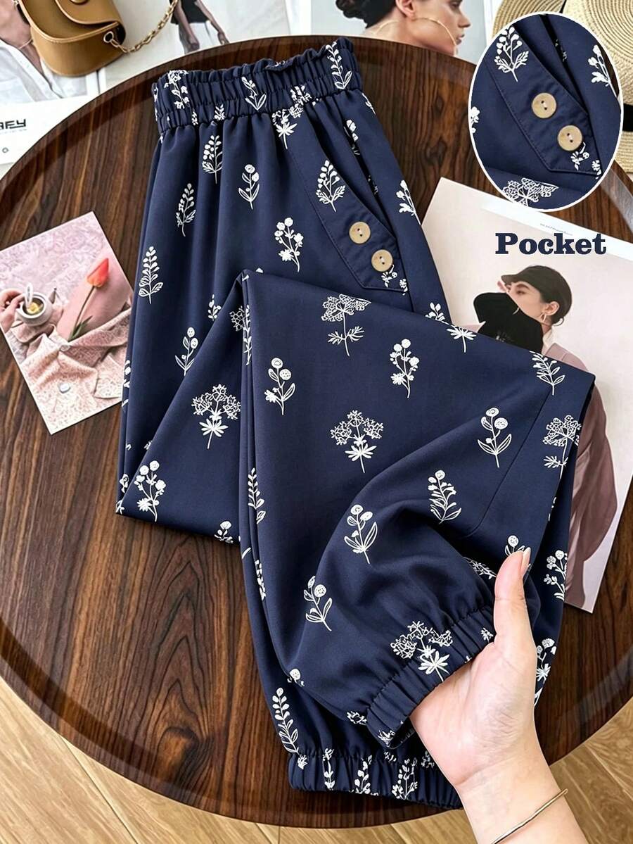 Linhara Pantalones de talla grande con ajuste holgado casual y estampado botánico - azul real - Ver 1