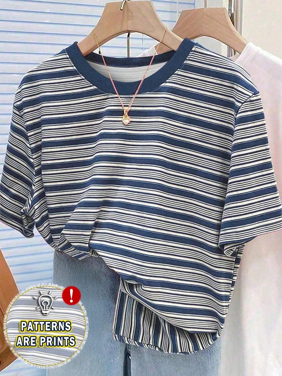 Resyla Vintage Colorful Striped Women Short Sleeve T-Shirt, Casual Round Neck Top For Summer - Multicolor - View 1