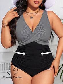 Swim Lushoire Plus Size Women's V-Neck Striped Color Block Ruched One-Piece Swimsuit, Suitable For Beach Vacation, Pool Party, Beach Party - Black and White - View 1