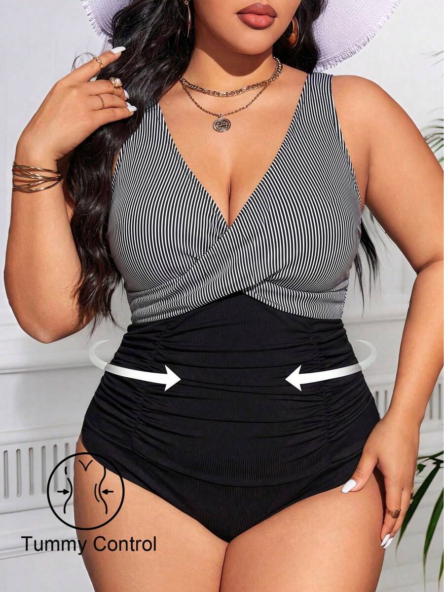 Swim Lushoire Plus Size Women's V-Neck Striped Color Block Ruched One-Piece Swimsuit, Suitable For Beach Vacation, Pool Party, Beach Party - Black and White - View 1