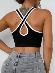 SHEIN Core Rhythm 无缝运动瑜伽双层露背背心，撞色滚边，交叉后背带，时尚性感，百搭舒适 - 黑色 - 查看 3