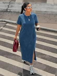 Muchica 大码女式休闲简约纯色短袖开衩下摆T恤裙，适合日常通勤 - 藏蓝色 - 查看 1