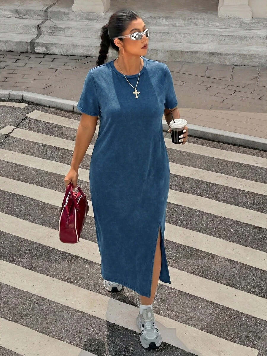 Muchica 大码女式休闲简约纯色短袖开衩下摆T恤裙,适合日常通勤 - 藏蓝色 - 查看 1