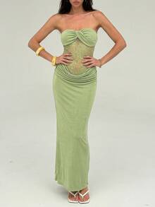 Glamine Vestido largo sexy para mujer de chica atractiva, verde, de punto, con torsión frontal, busto moldeador, cintura con empalme, bajo con volantes de encaje, adecuado para playa, Día de San Valentín, fiesta, ceremonia de graduación, evento de moda, carnaval, vacaciones, invitada de boda, cita, fiesta, concierto - Verde - Ver 8
