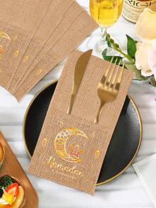 5Pcs Eid Burlap Cutlery Bags With Moon Star Lantern Print, Linen Silverware Pouches. Ideal Decor & Gifts For Ramadan, Eid Al-Adha, Muslim Party And Daily Kitchen Use. - Khaki - View 5