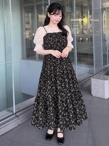 Bijouette 限量版碎花細花吊帶洋裝，黑色底色，大尺碼，寬鬆A字版型，修身交叉胸前設計，雪紡材質，夏季可愛仙女風 - 黑與白 - 查看 8
