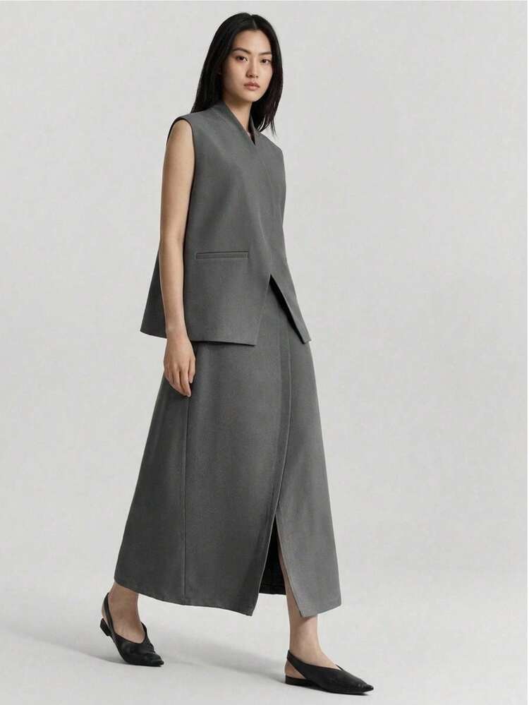 Women's 's Day Outfit, Beach Wear, Holiday Wear, Country Style, Country Music Concert, 2026 Spring/Summer New Urban Style, Wrinkle-Resistant Fabric, Dark Gray Suit Set, Suit Vest, Skirt, Commuter Attire, Matching Outfit, Urban Clothing, Loose Fit Set