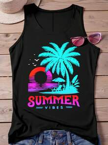 SHEIN LUNE Plus Size Tropical Print Casual Vacation Tank Top - Black - View 1