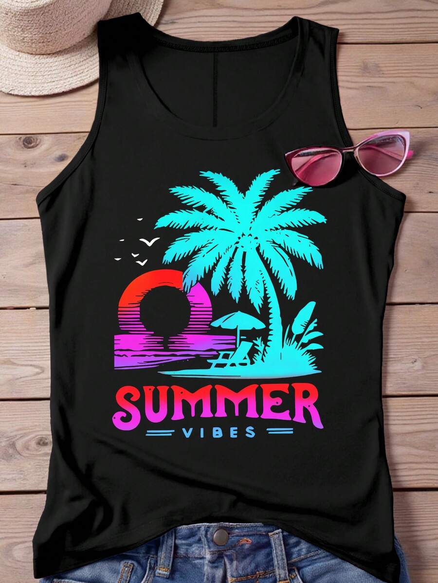 SHEIN LUNE Plus Size Tropical Print Casual Vacation Tank Top - Black - View 1