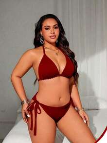 Swim Lushoire 大尺碼女款夏季海灘素色掛脖綁帶性感比基尼與三角泳褲泳衣套裝 - 酒紅色 - 查看 5
