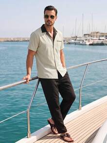VENTUSAIL Men's Black And Beige Summer Funny Vacation Holiday Twill Short Sleeve Shirt & Drawstring Pants Set,Contrast Color Collar Pocket Casual Outfit,Spring - Multicolor - View 7
