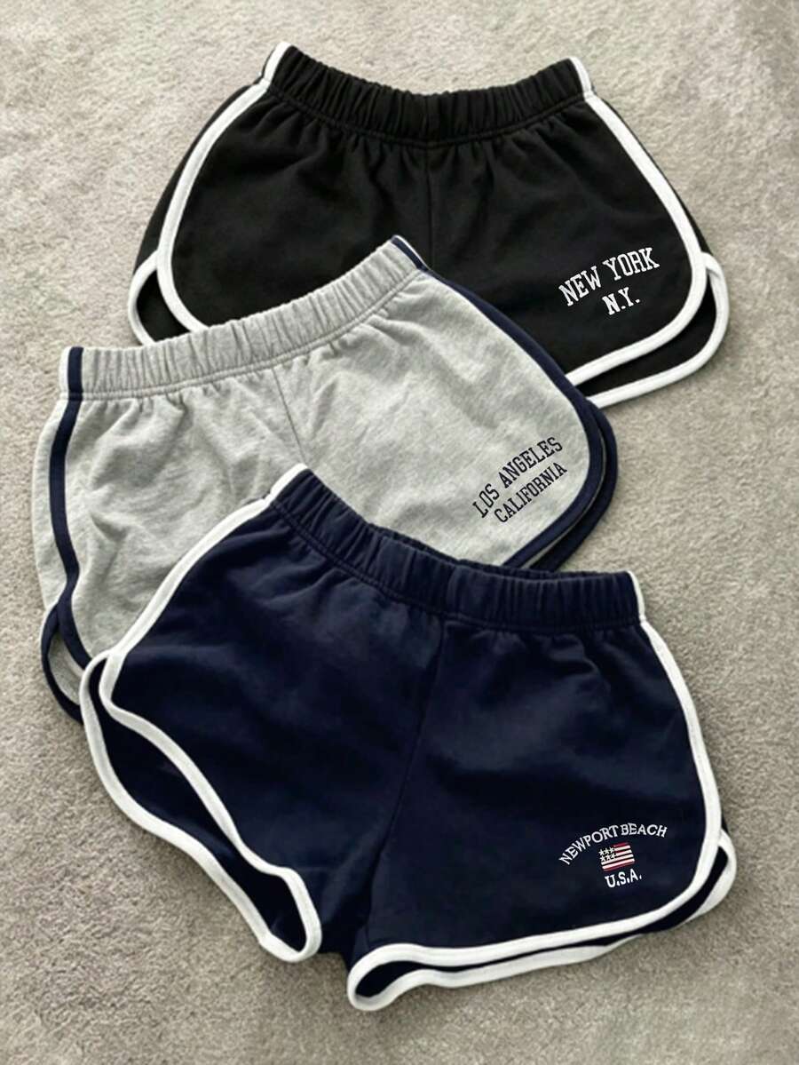 IslaSuriya Damen American Vintage beliebte Stadt NEW YORK LOS ANGELES NEWPORT BEACH Slogan Buchstaben Muster Sport Shorts, Sommer hohe Taille elastischer Bund Farbblock Saum Lässig Zuhause Hot Girl Laufshorts - Verschiedenfarbig - Übersicht 1