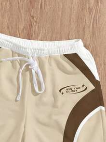 Manfinity Joysei Pantalones cortos holgados con estampado de bloques de color para hombre, adecuados para uso al aire libre en verano, vacaciones - Caqui - Ver 4
