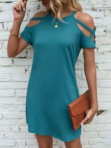 EMERY ROSE Vestido casual de unicolor con hombros descubiertos para ropa de Año Nuevo - Azul - Ver 3