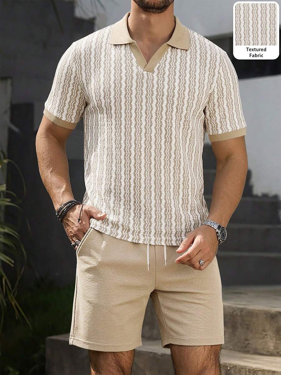 VENTUSAIL Men's Short Sleeve Textured Fabric Contrast Collar Polo Shirt & Shorts Set, Suitable For Home, Outing, Party And Vacation Wear, Holiday - Khaki - View 1