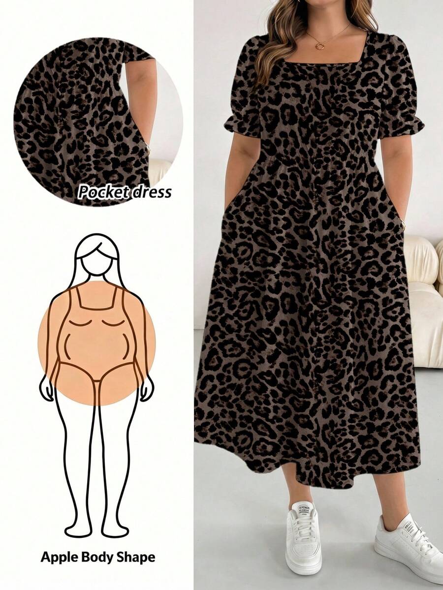 SHEIN Essnce 大尺碼女款豹紋方領優雅收腰派對洋裝 - 彩色 - 查看 1