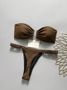 Swim Chiccia Bộ đồ bơi bikini 2 mảnh không dây màu trơn trang trí kim loại cho nữ mùa xuân, trang phục đi biển mùa hè tối giản - màu nâu - Xem 5