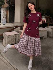Teen GirlSolid Color & Striped Patchwork Dress With Elegant 3D Bow Decor - Multicolor - View 1