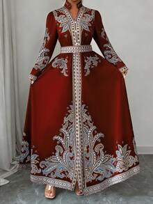 Elenzga Plus Size Paisley Print Dress Fall - Burgundy - View 1