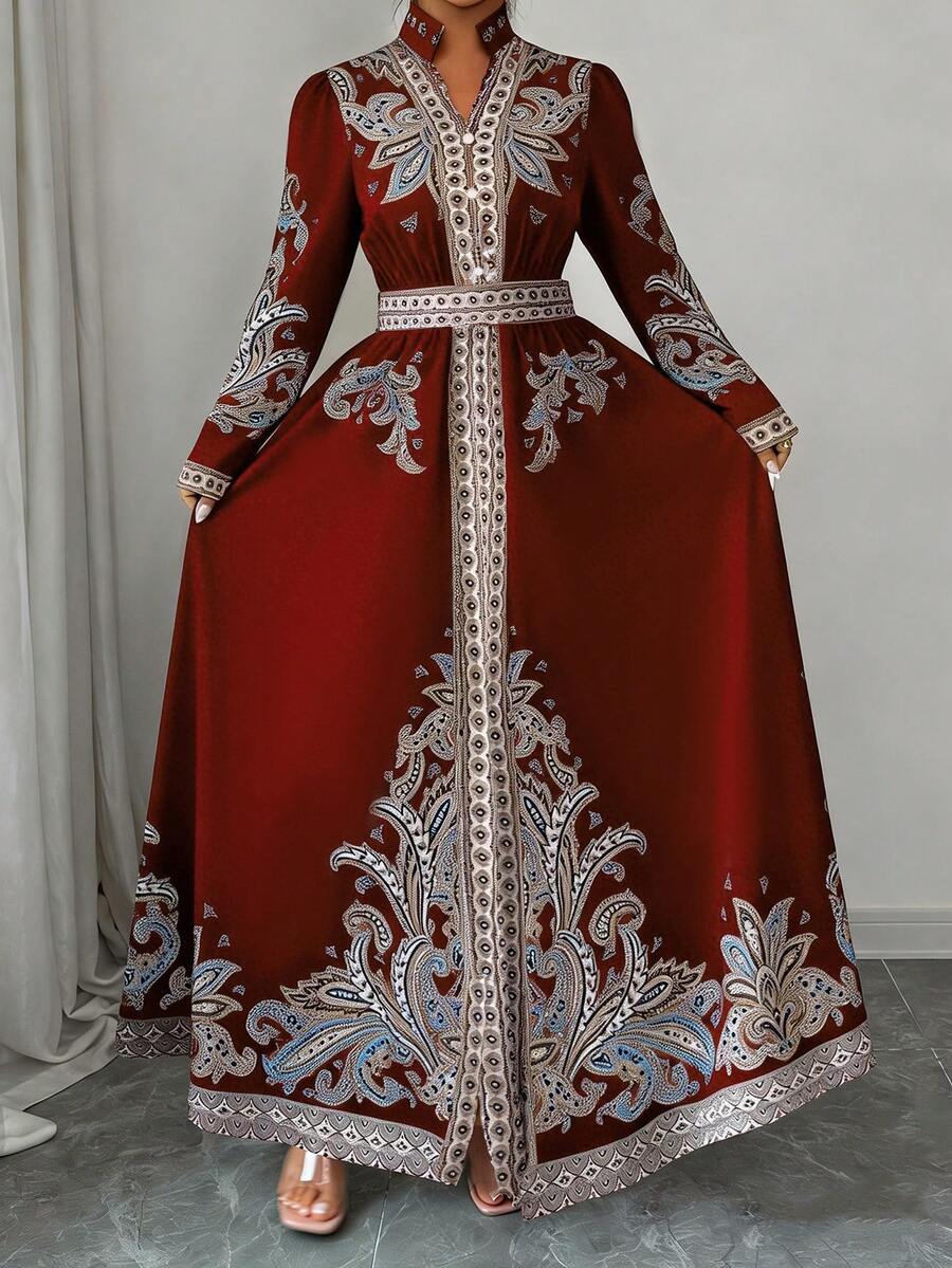 Elenzga Plus Size Paisley Print Dress Fall - Burgundy - View 1