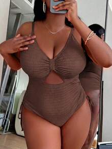 Slaydiva Traje de baño de una pieza de unicolor con diseño calado para tallas grandes - Café integral - Ver 5