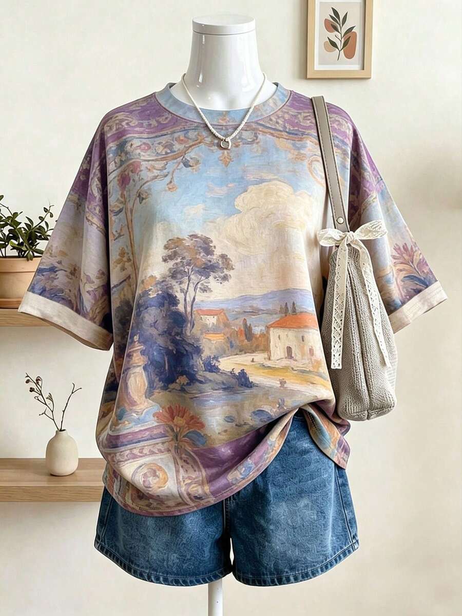 Lalippa Kaos Wanita Lengan Pendek Longgar dengan Motif Lukisan Minyak Gaya Digital Print - MultiWarna - View 1