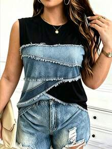 EMERY ROSE Printed Patchwork Casual Crew Neck Short-Sleeved T-Shirt, Plus Size, Spring/Summer Style. - Multicolor - View 1