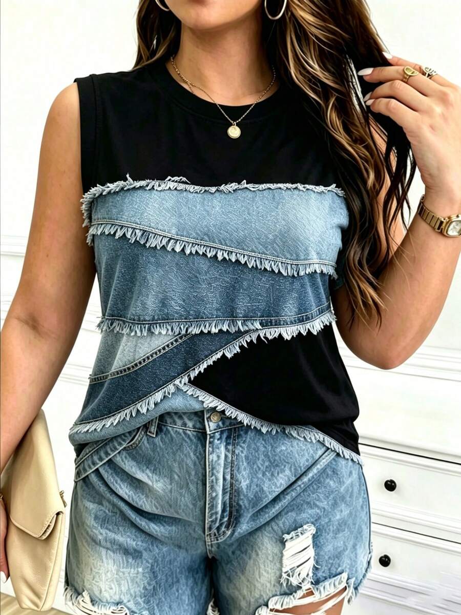 EMERY ROSE Printed Patchwork Casual Crew Neck Short-Sleeved T-Shirt, Plus Size, Spring/Summer Style. - Multicolor - View 1