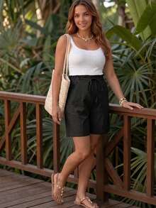 Boho Mama Maternity Textured Adjustable Waist Fashionable Versatile Solid Color Tie-Up Shorts - Black - View 3