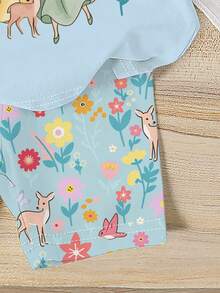 Summer Baby Girl Casual Multi-Piece Set, Brown & Apricot Leopard Print Cartoon Rabbit Pattern, Round Neck Short Sleeve T-Shirt & Shorts - Multicolor - View 4