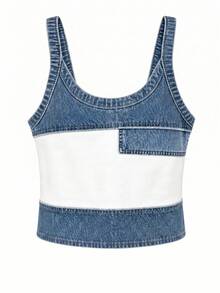 Resyla Women's Fashion Versatile Denim Effect Print Patchwork Design Tank Top - Multicolor - View 2