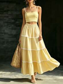 SHEIN Holidaya Conjunto de 2 Peças para Verão, Férias, Passeio, Conjunto de 2 Peças Amarelo, Conjunto de 2 Peças Casual, Conjunto de 2 Peças Estilo Country, Conjunto de 2 Peças Elegante para Férias, Conjunto de 2 Peças para Praia, Tecido Texturizado com Design de Patchwork em Fita, Design de Cores Contrastantes, Conjunto de 2 Peças Básico, Conjunto de 2 Peças para Verão - Luz amarela - Visão 1